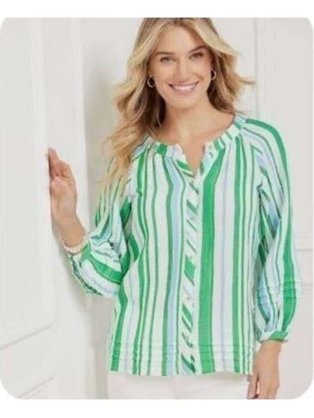 Talbots Pintuck Button Front 100% Cotton Top - Cruise Stripe, Size L